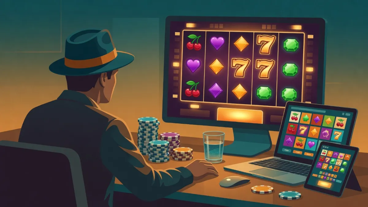 Illustration of a player in a fedora at a desk, playing a slot game on a monitor, with a laptop and tablet showing slots and poker chips nearby